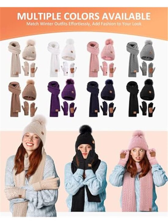 Womens Winter Hat Scarf Gloves Set Fleece Lined Knit Pom Pom Touchscreen main image 5